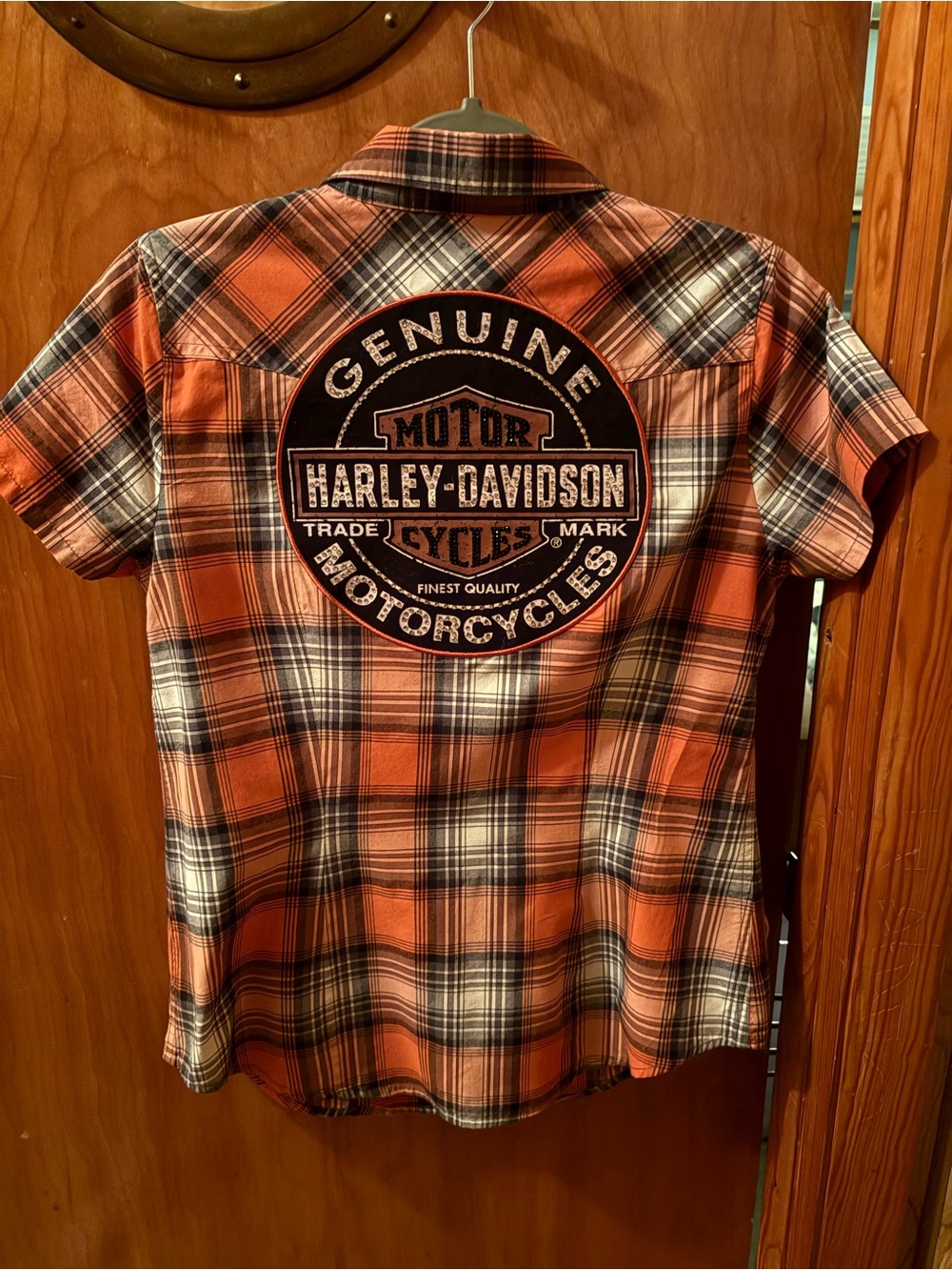 Harley-Davidson Orange and Black Plaid Short-Sleeve Button-Down Shirt